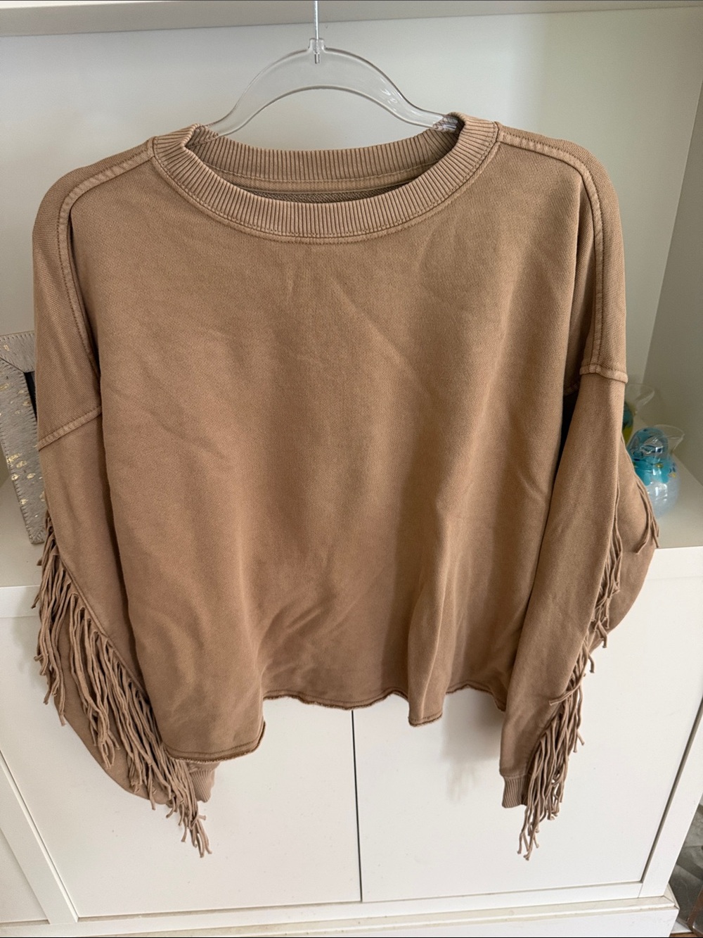 aerie Fringe Sleeve Crew Sweatshirt - Camel Brown